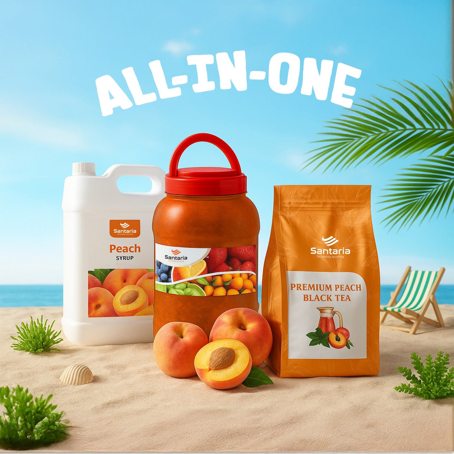 Santaria peach product set including syrup, premium peach black tea, and preserved peach jar displayed on a sunny beach with deck chairs, palm trees, and the text All-in-One.
